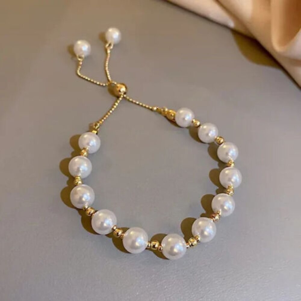 Lariat style white round pearl bracelet adjustable string 14k yellow gold plated